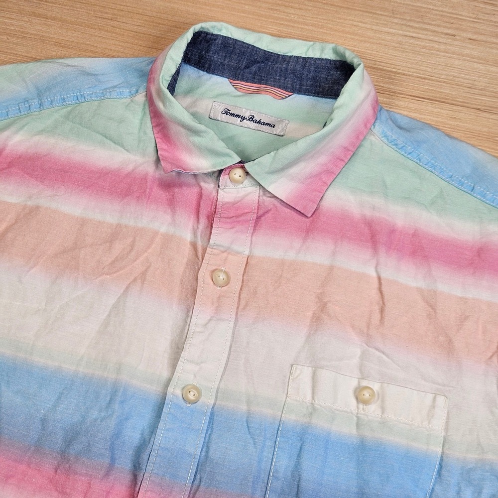 Tommy Bahama Button Up Mens L Multicolor Striped Linen Tencel Short Sleeve Shirt